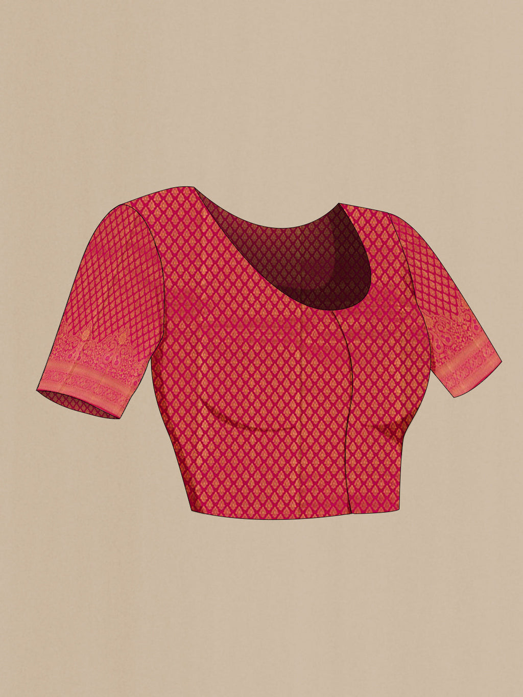 Close up image of the blouse of Rani Pink Kanchipuram Silk Saree with Zari Butta on the body and Zari Border. 