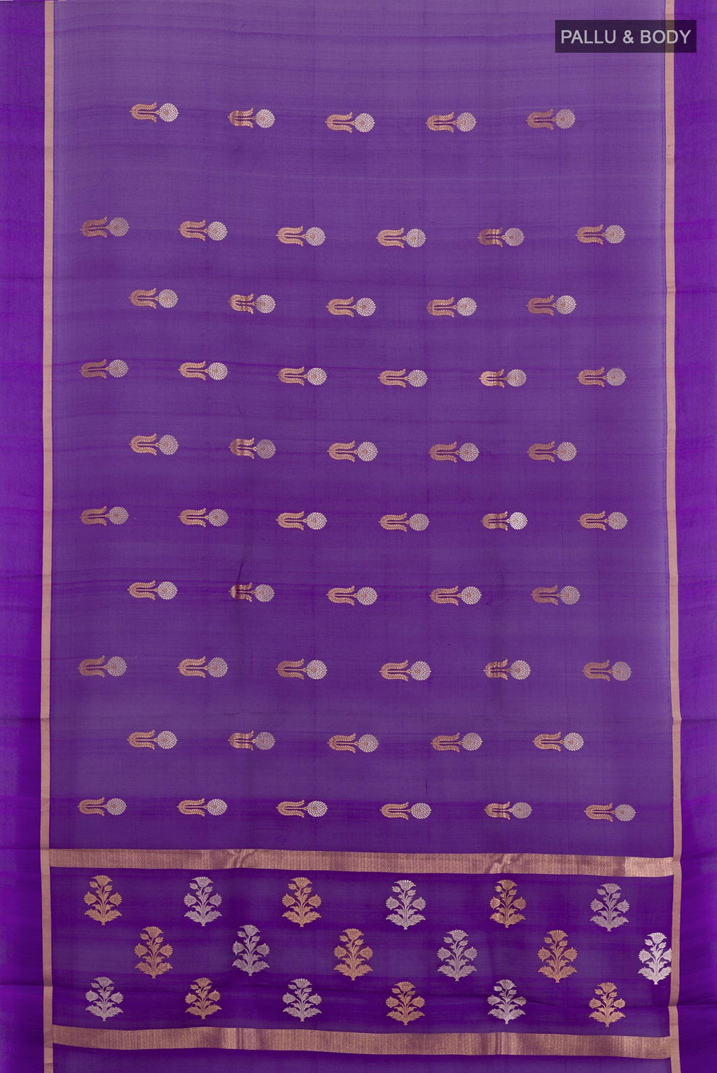 Flat view of Purple Mysore Chiffon Saree with Plain Body and Zari Border. 