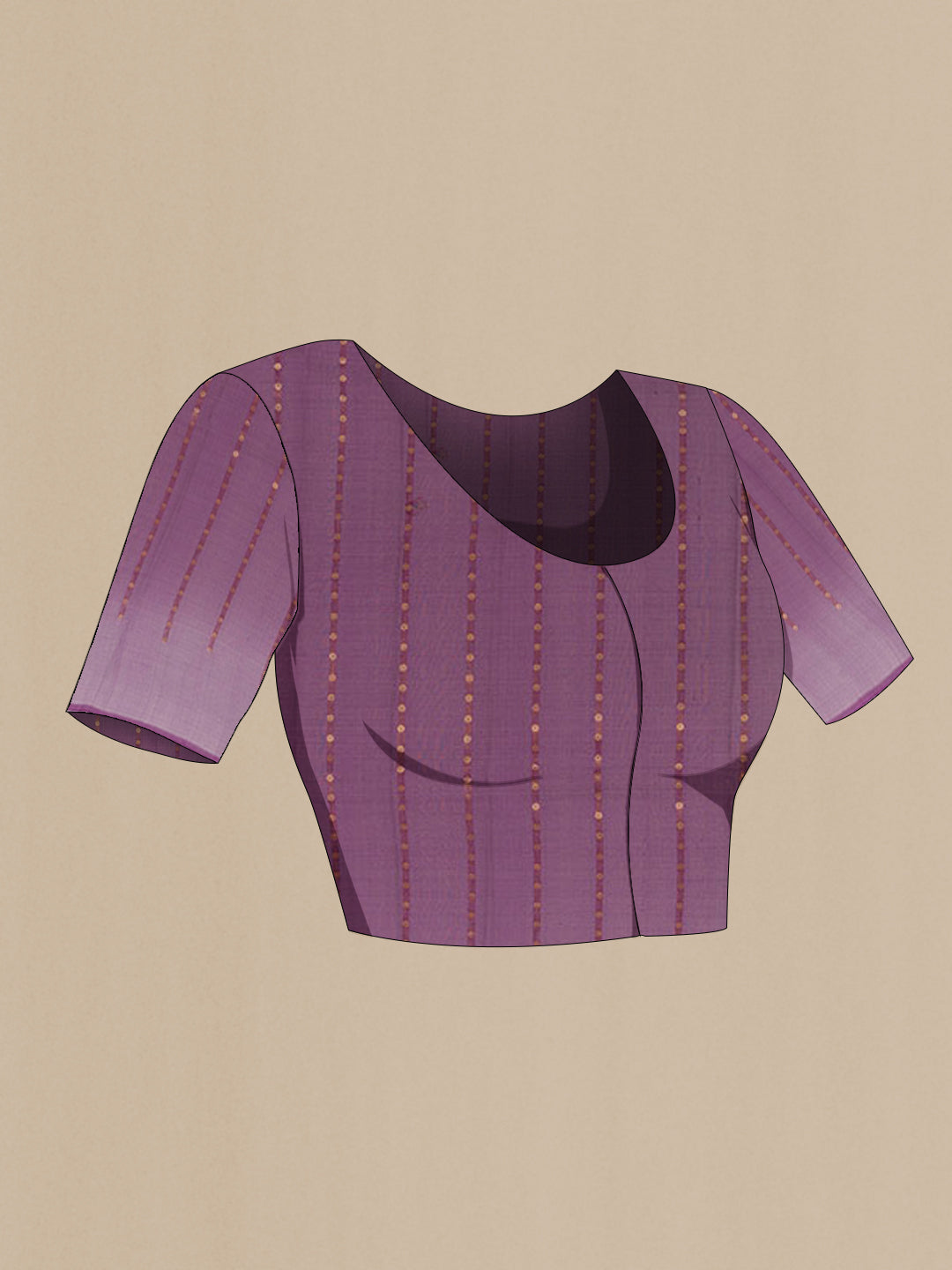 Close up image of the blouse of Purple Organza Silk Saree with Zari Butta on the body and Zari Border. 
