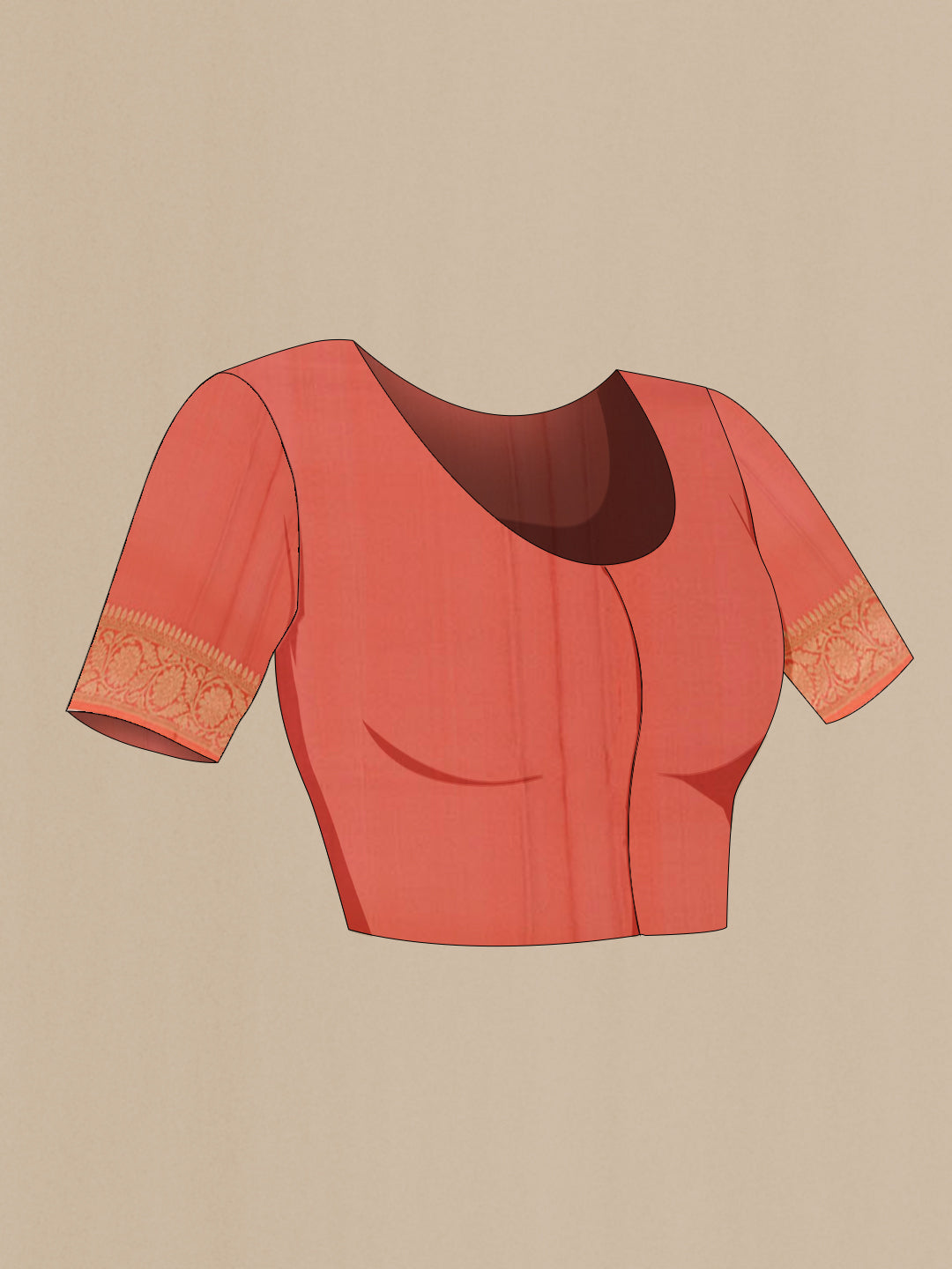Close up image of the blouse of Orange Organza Silk Saree with Zari Butta on the body and Zari Border. 