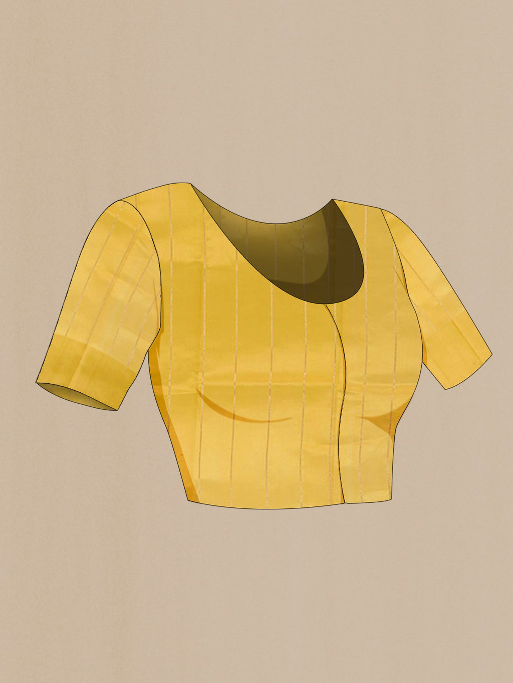 Close up image of the blouse of Yellow Banarasi Katan Silk Saree with Zari Butta on the body and Zari Border. 