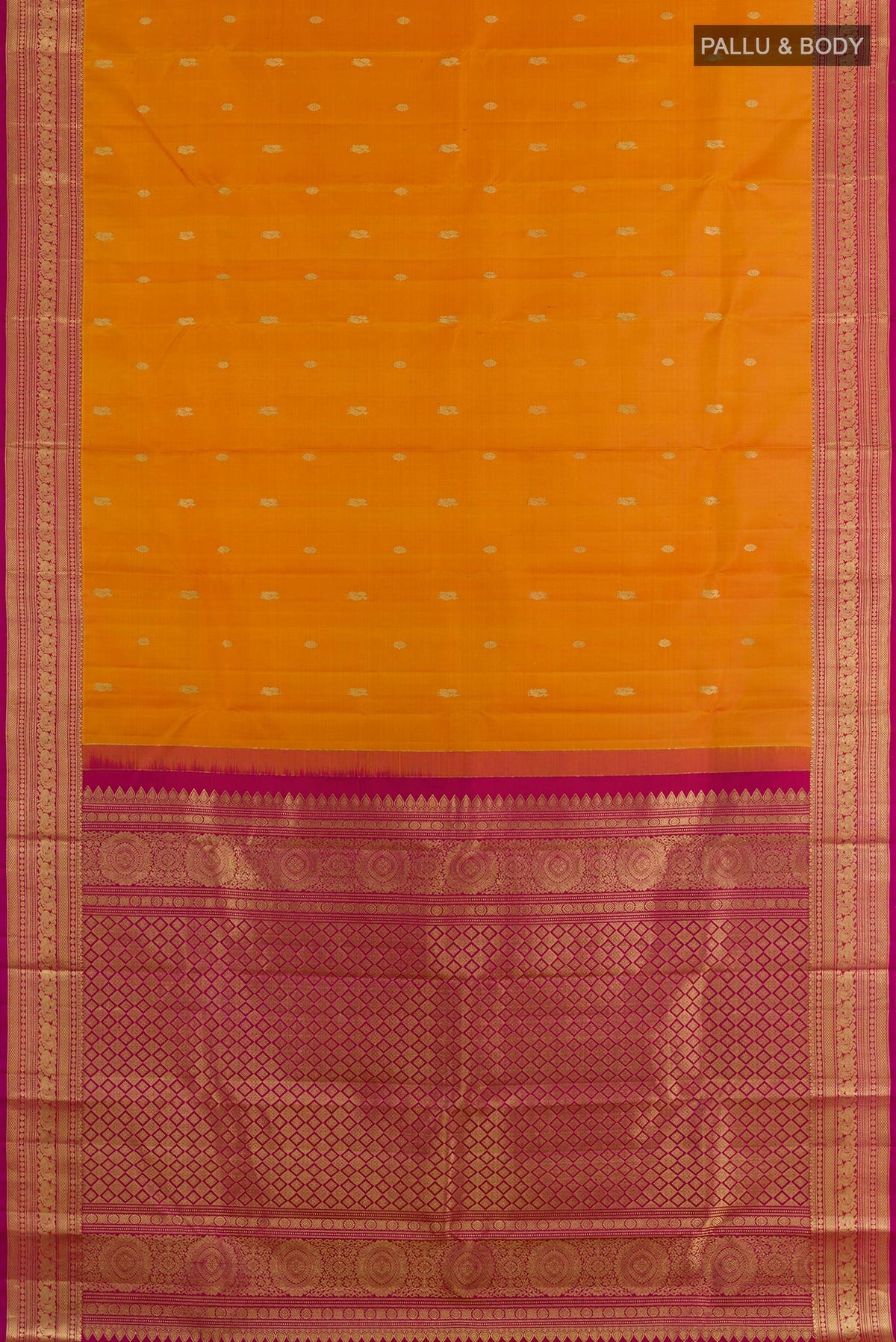 Flat view of Orange Kanchipuram Silk Saree with Zari Butta on the body and Zari Border. 