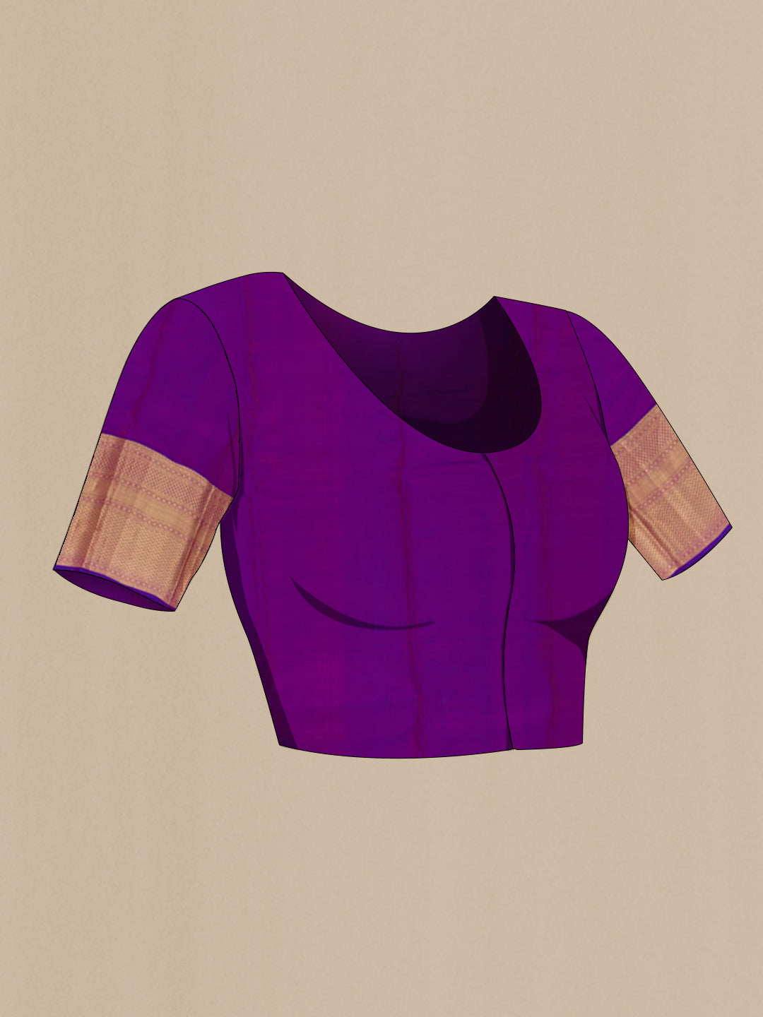 Close up image of the blouse of Purple Kanchipuram Silk Saree with Jacquard design on the body and Zari Border. 