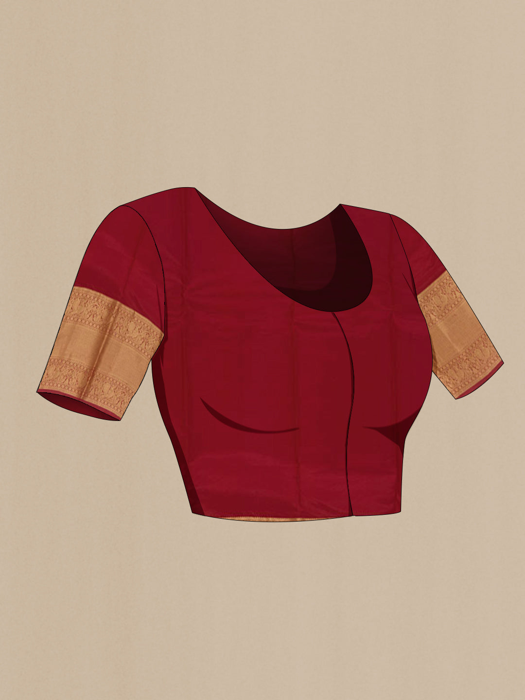 Close up image of the blouse of Maroon Kanchipuram Silk Saree with Jacquard design on the body and Zari Border. 