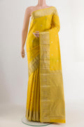Yellow Kanchipuram Silk Saree with Jacquard With Zari Butta on the body and Zari Border.  displayed on a mannequin
