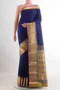 Dark Blue Kanjivaram Silk Saree with Zari Butta on the body and Zari Border.  displayed on a mannequin