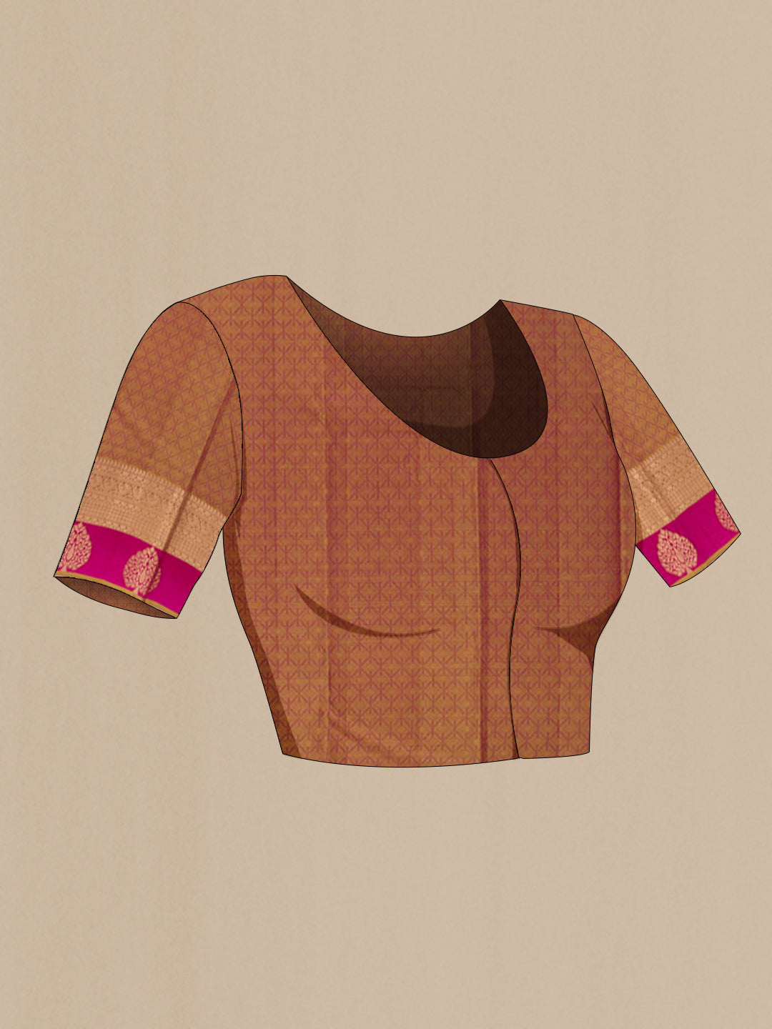 Close up image of the blouse of Purple Kanjivaram Silk Saree with Jacquard With Zari Butta on the body and Zari Border. 
