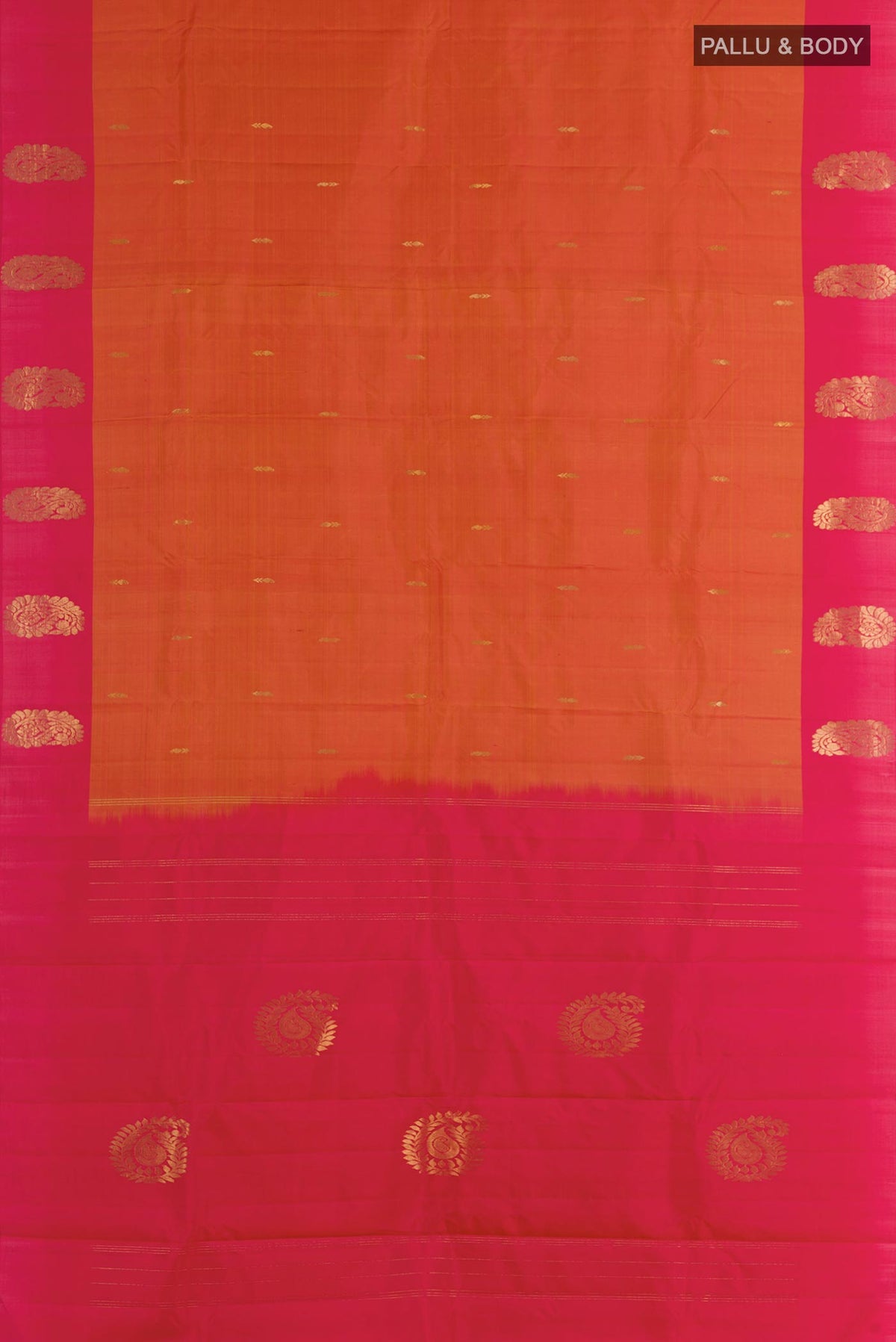 Flat view of Brick Orange Kanchipuram Silk Saree with Zari Butta on the body and Zari Border. 