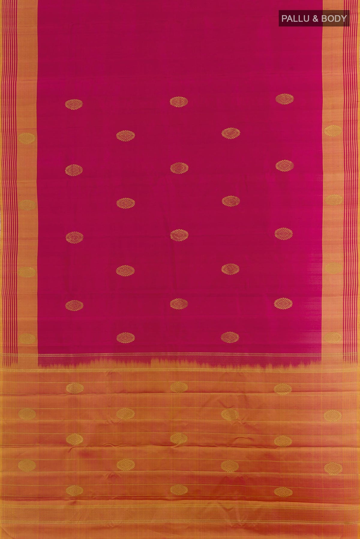 Flat view of Pink Kanchipuram Silk Saree with Zari Butta on the body and Zari Border. 
