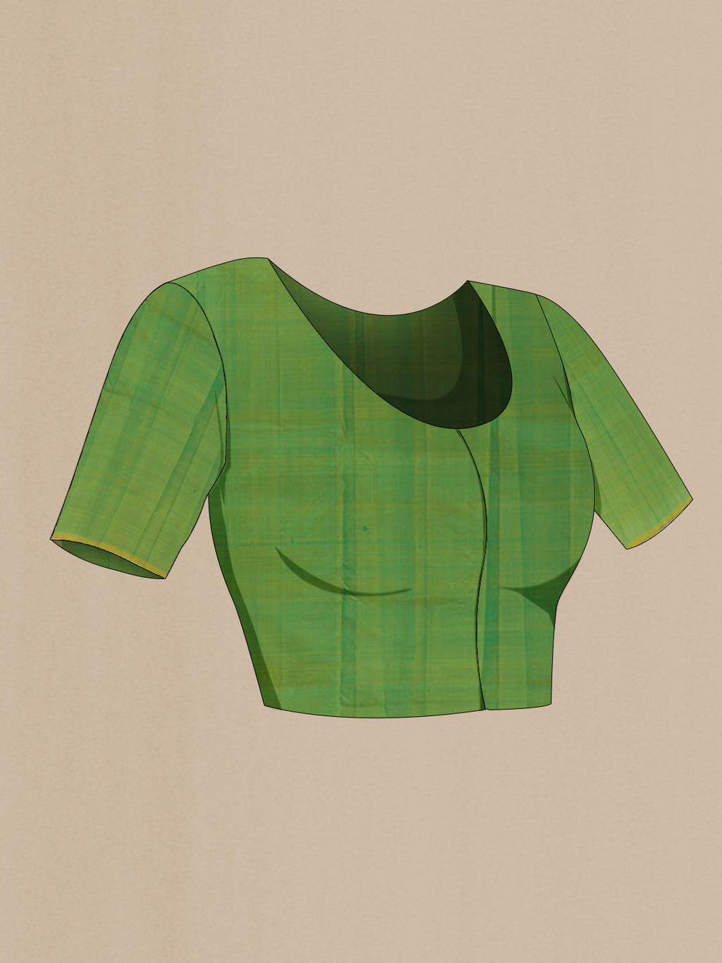 Close up image of the blouse of Green Kanchipuram Silk Saree with Zari Butta on the body and Zari Border. 