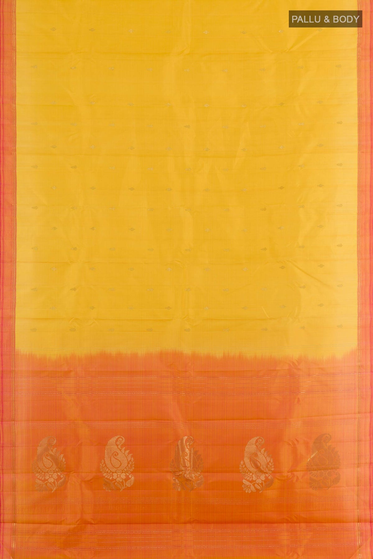Flat view of Yellow Kanchipuram Silk Saree with Zari Butta on the body and Zari Border. 