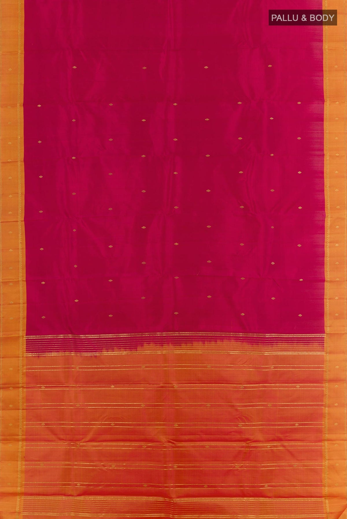 Flat view of Dark Pink Kanchipuram Silk Saree with Zari Butta on the body and Zari Border. 