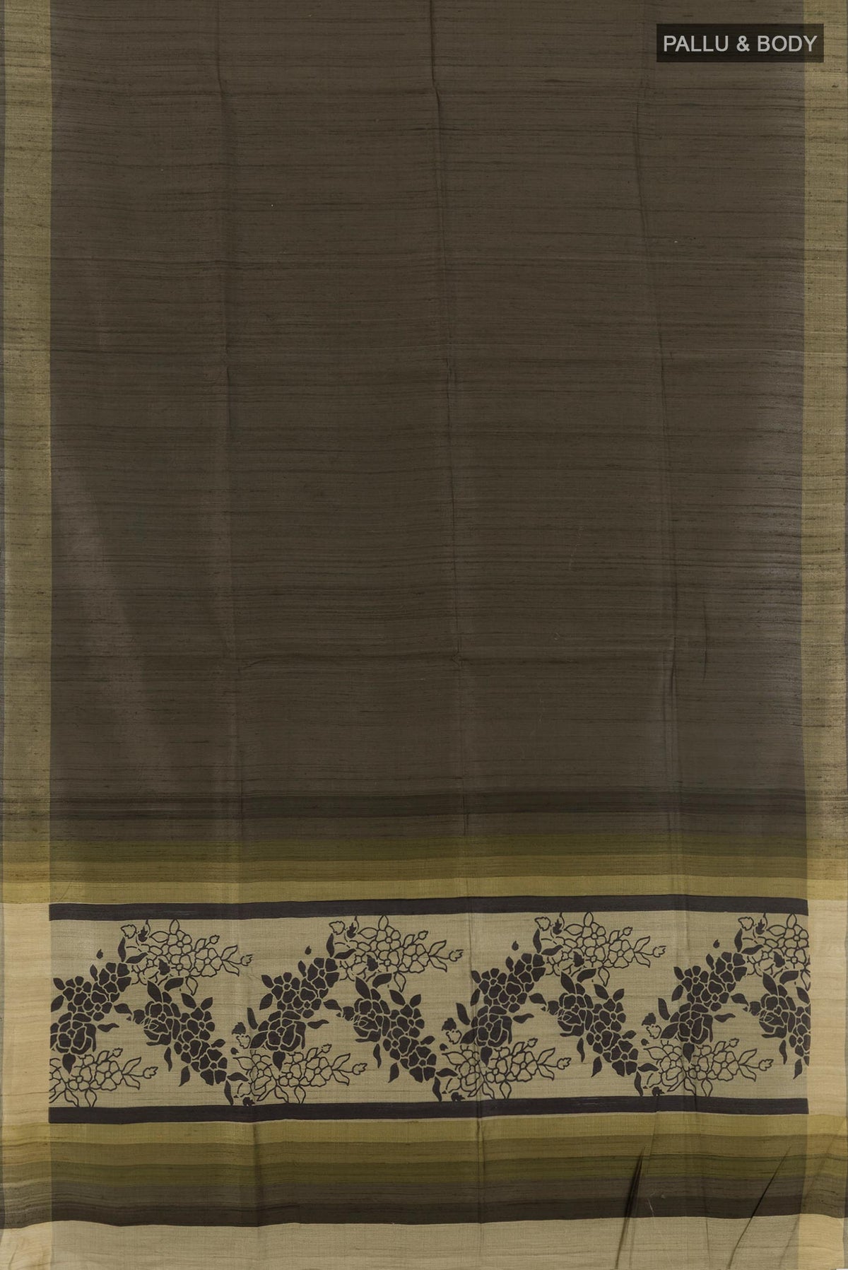 Flat view of Green Tussar Silk Saree with Stripes on the body and Printed Border. 