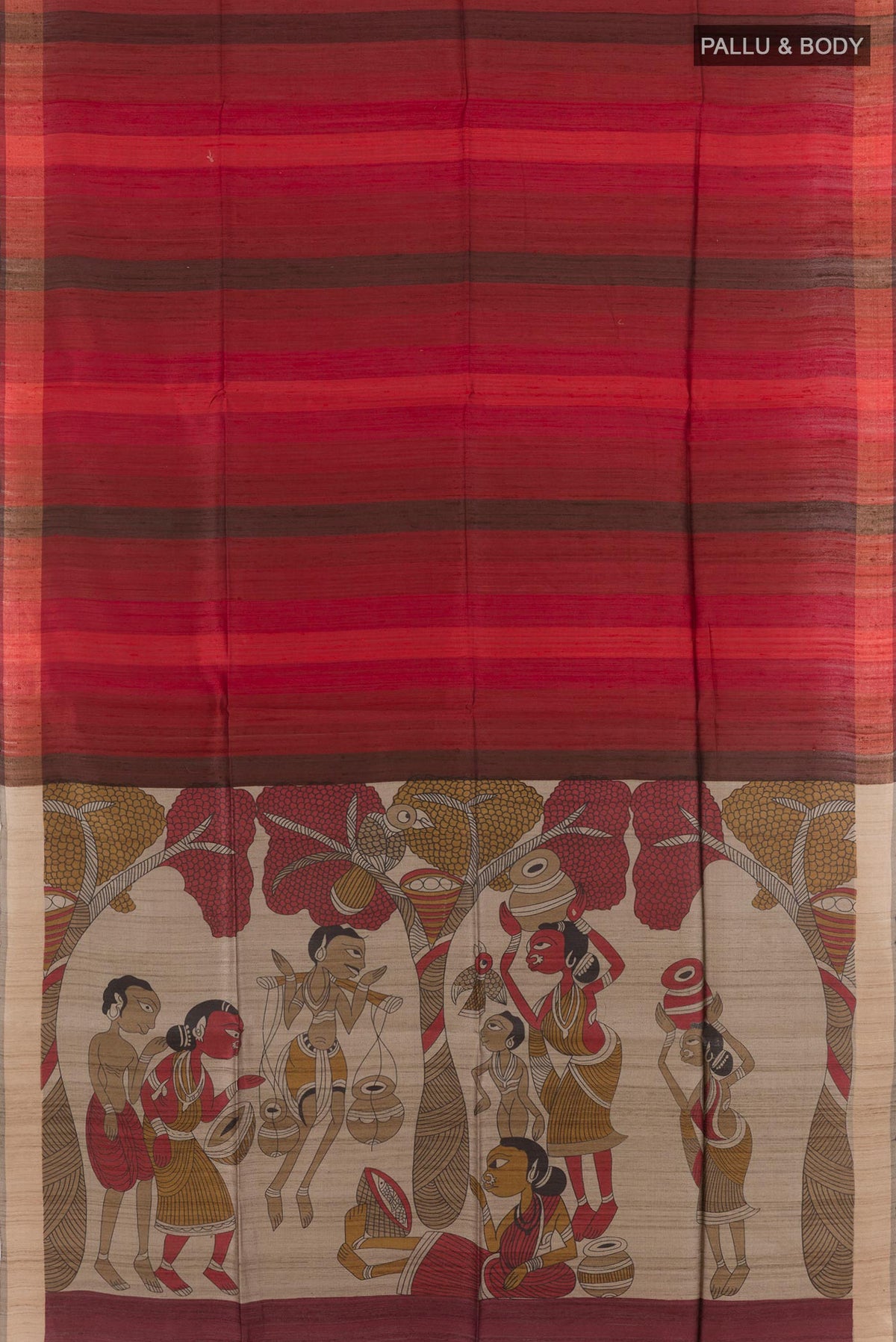 Flat view of Red Tussar Silk Saree with Stripes on the body and Printed Border. 