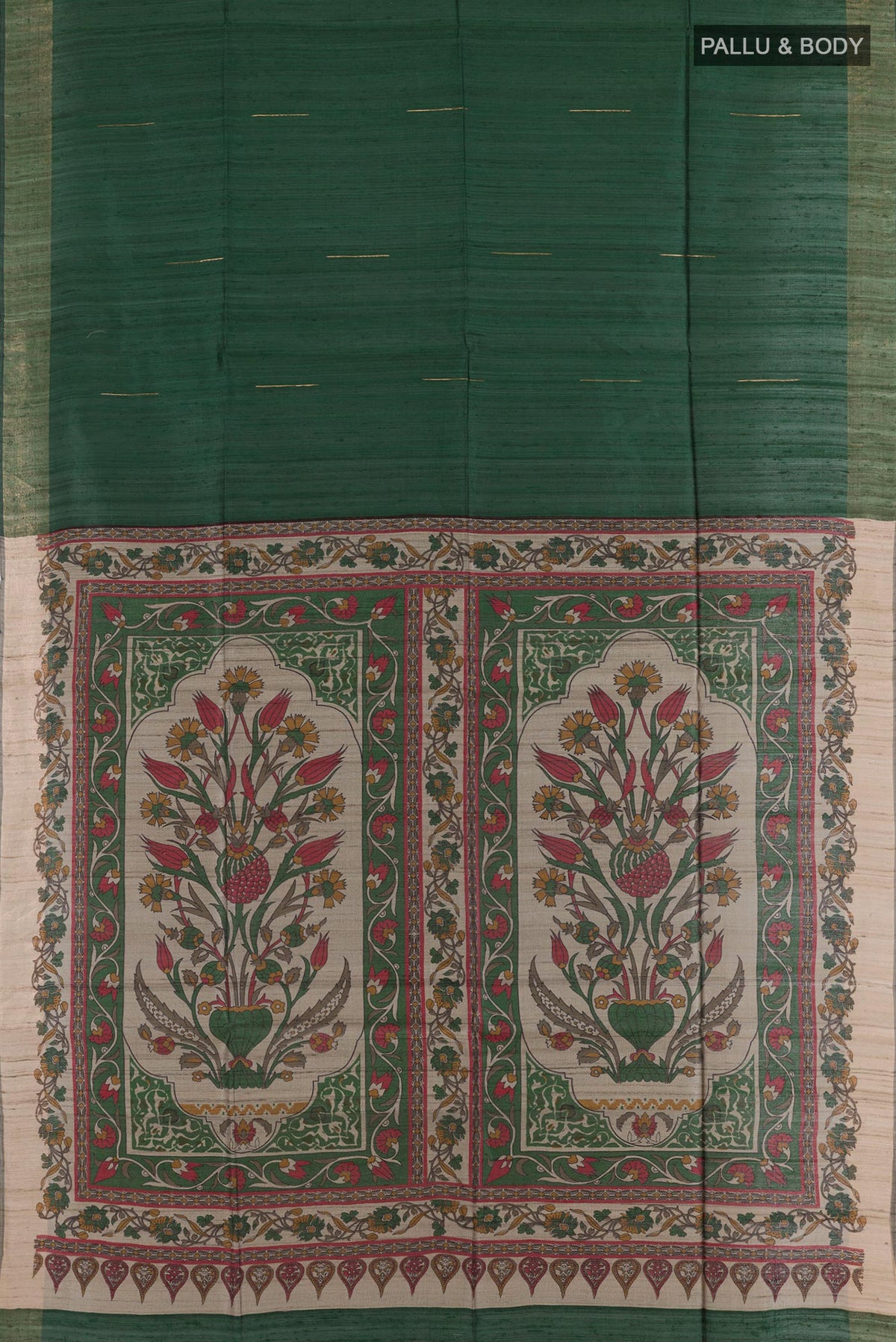 Flat view of Green Tussar Saree with Zari Butta on the body and Zari Border. 