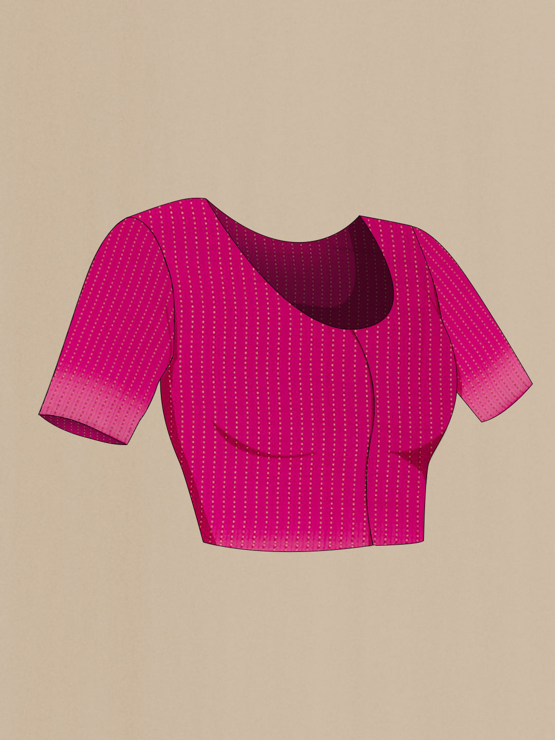 Close up image of the blouse of Pink Mysore Chiffon Saree with Zari Butta on the body and Zari Border. 