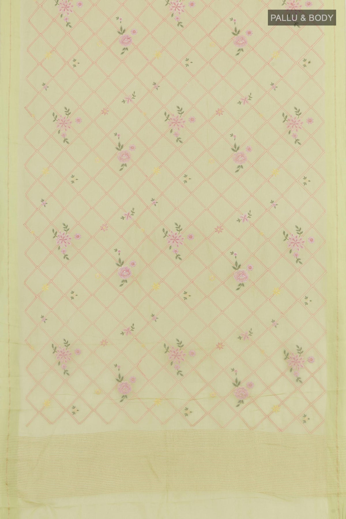 Flat view of Light Green Mysore Chiffon Saree with Stripes on the body and Zari Border. 