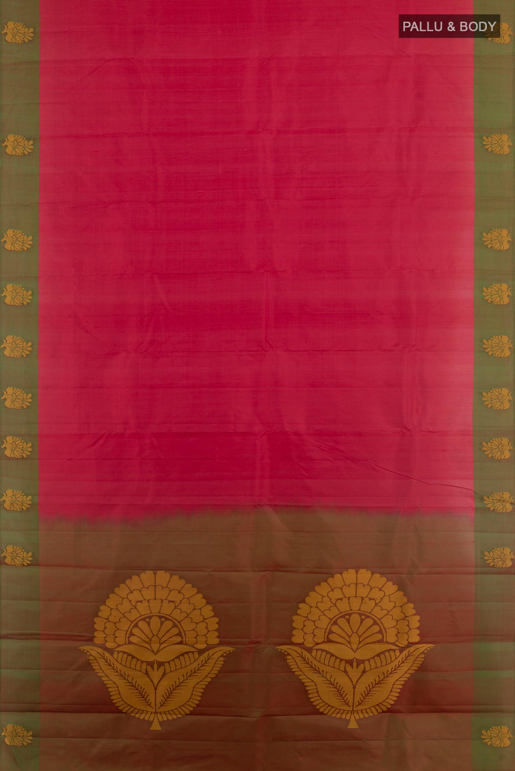 Flat view of Maroon Kanjivaram Silk Saree with Plain Body and Thread Border. 