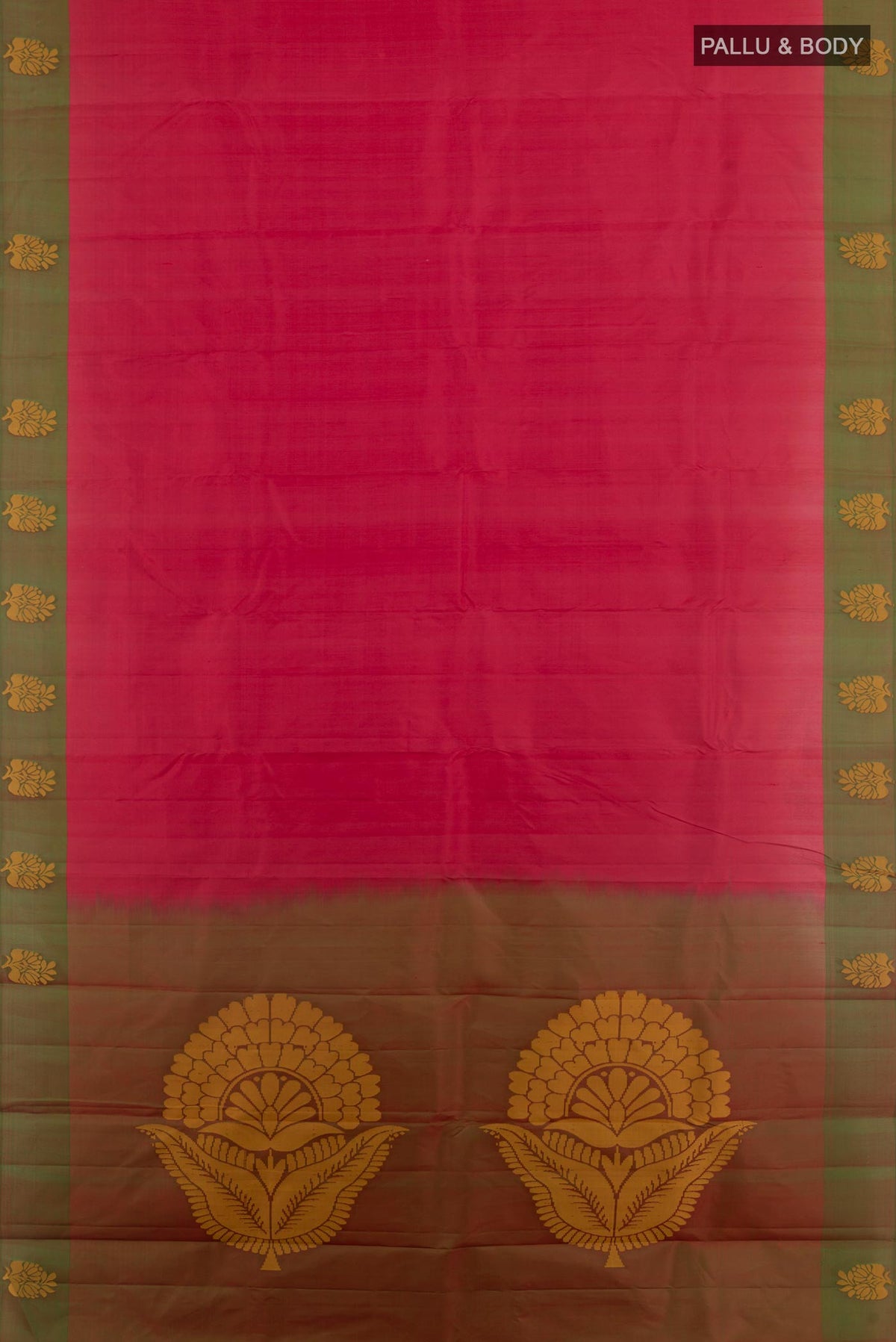 Flat view of Maroon Kanjivaram Silk Saree with Plain Body and Thread Border. 