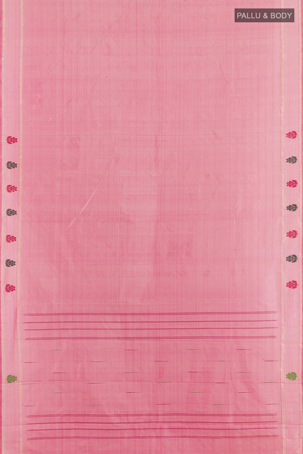 Flat view of Pink Kanchipuram Silk Saree with Thread Butta on the body and Thread Border. 