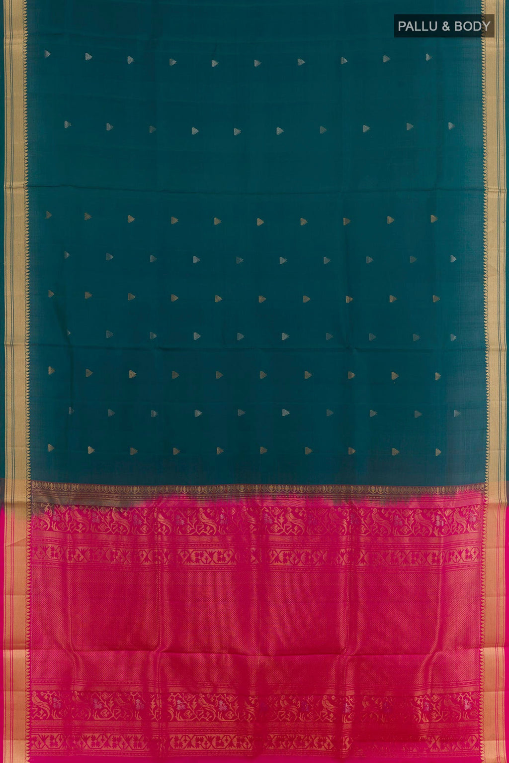 Flat view of Teal Soft Silk Saree with Zari Butta on the body and Zari Border. 