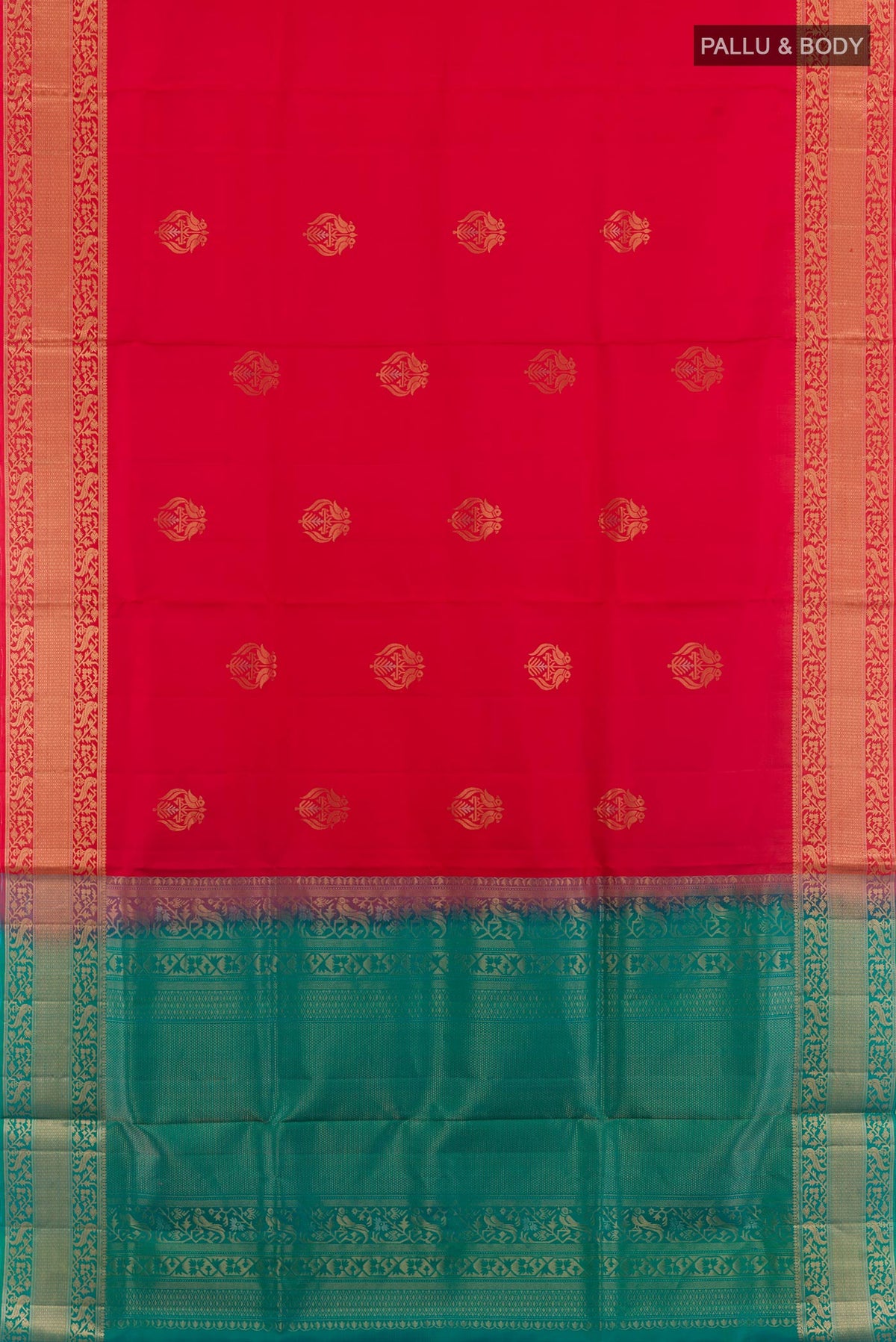 Flat view of Red Soft Silk Saree with Zari Butta on the body and Zari Border. 