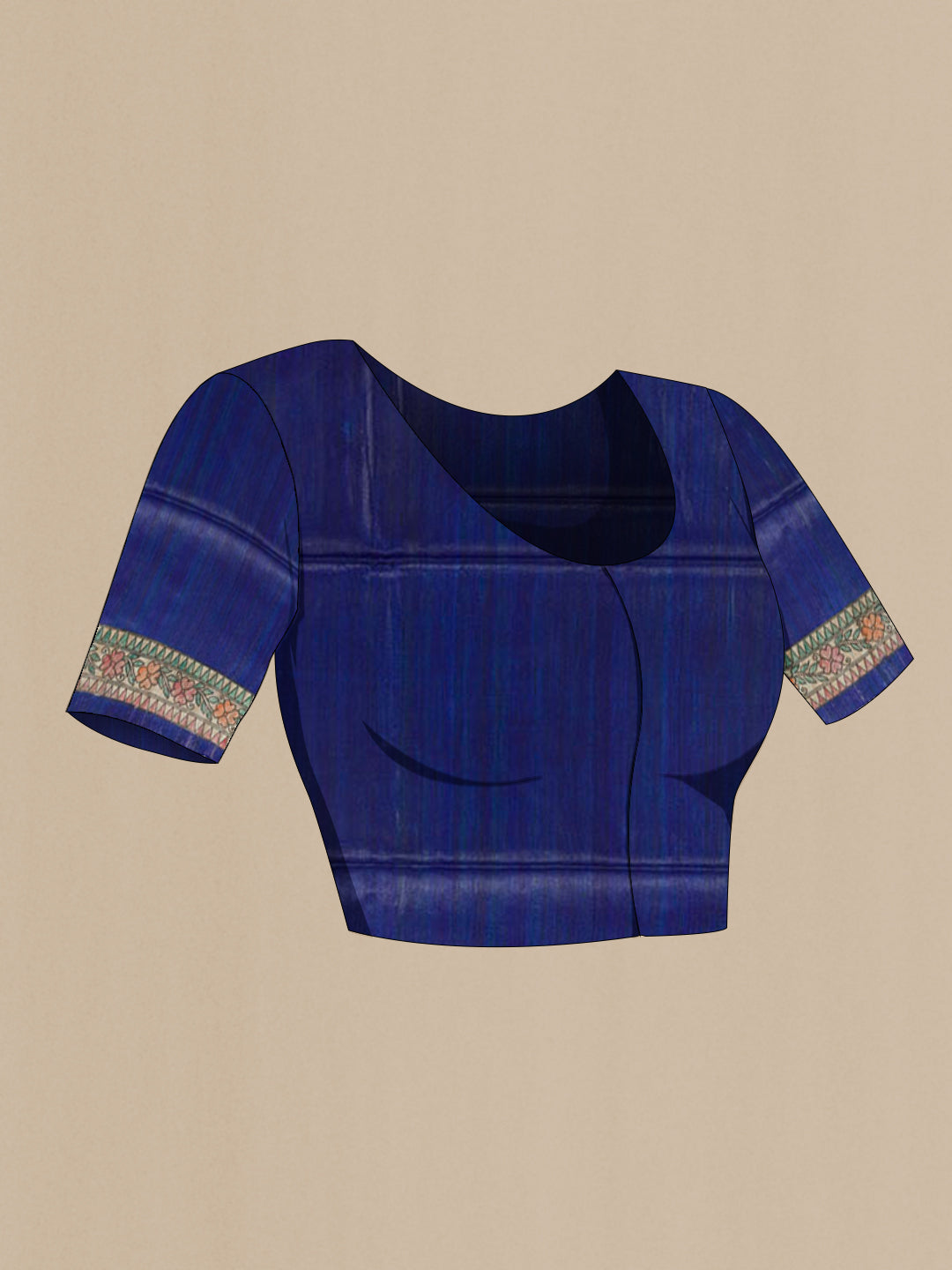 Close up image of the blouse of Blue Tussar Silk Saree with Plain Body and Printed Border. 