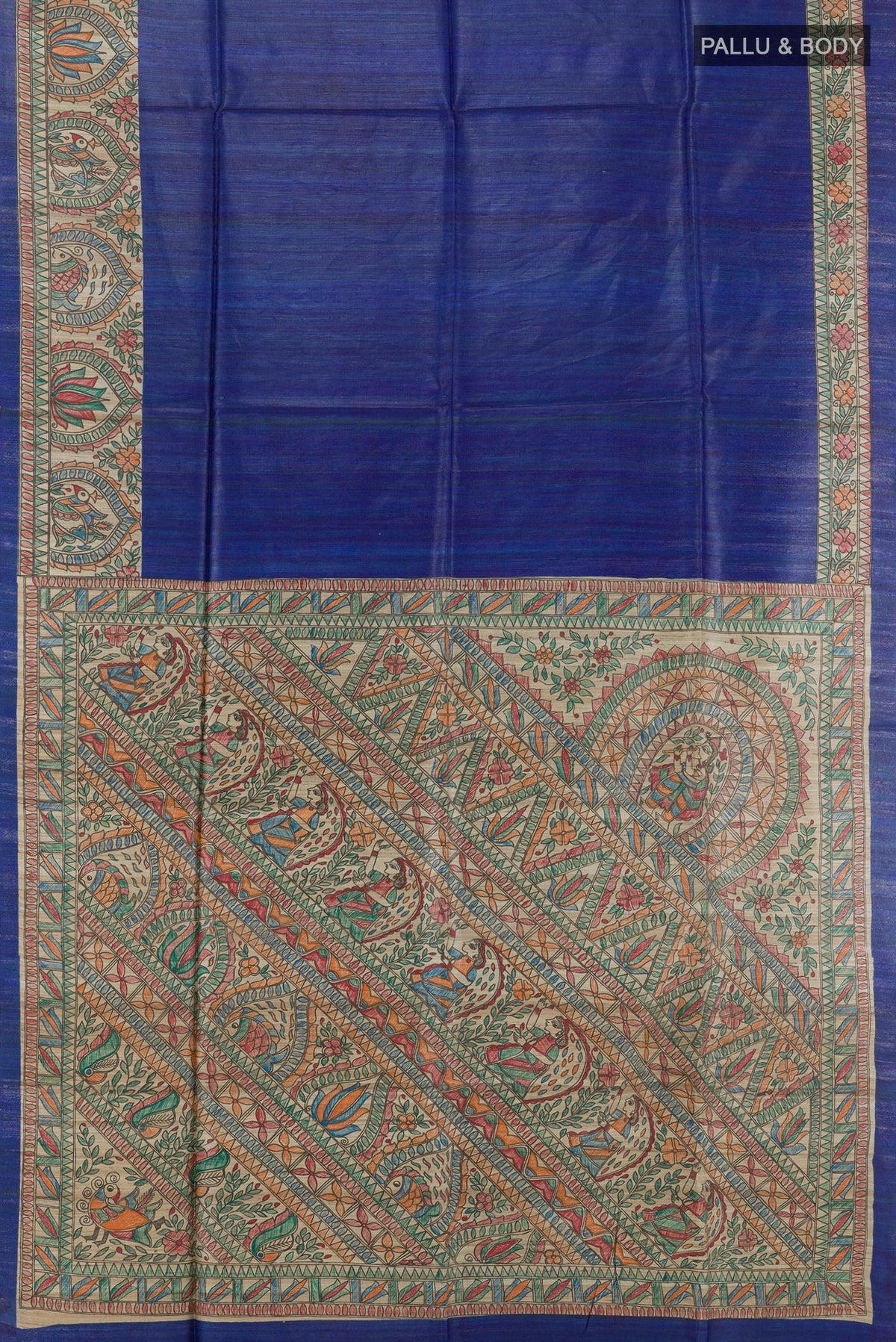 Flat view of Blue Tussar Silk Saree with Plain Body and Printed Border. 