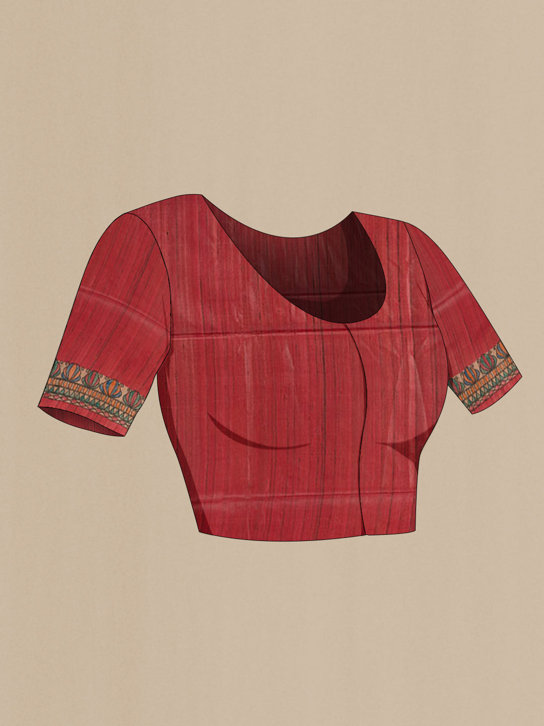 Close up image of the blouse of Red Tussar Saree with Plain Body and Printed Border. 