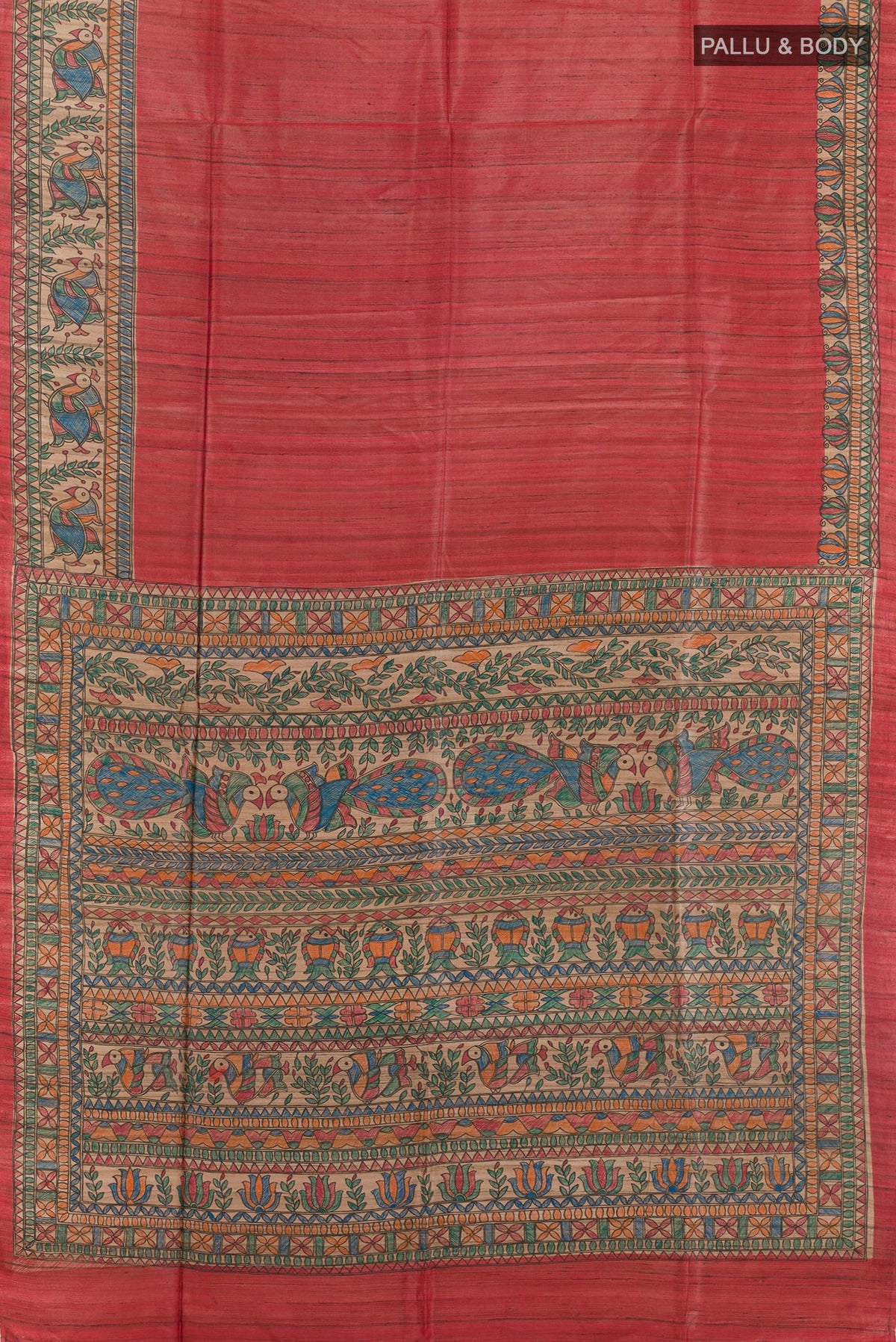 Flat view of Red Tussar Saree with Plain Body and Printed Border. 