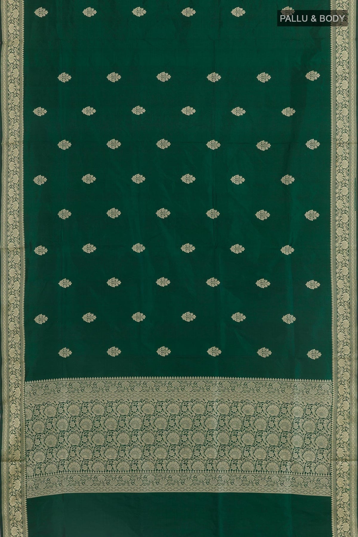 Flat view of Green Banarasi Katan Silk Saree with Zari Butta on the body and Zari Border. 