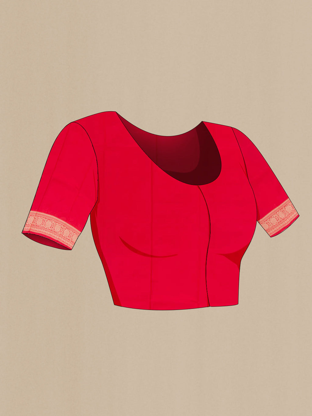 Close up image of the blouse of Red Banarasi Katan Silk Saree with Zari Butta on the body and Zari Border. 