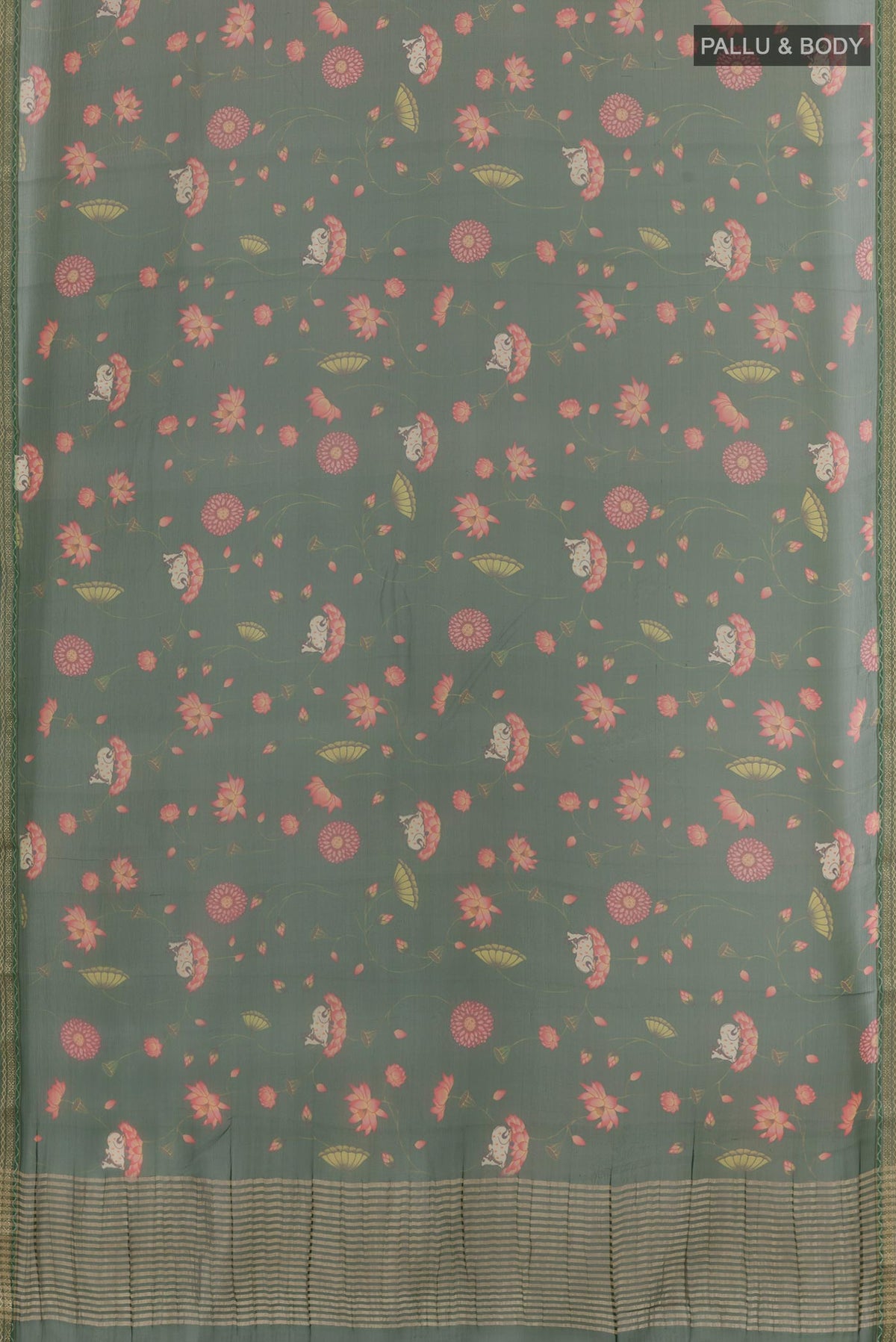 Flat view of Green Mysore Chiffon Saree with Printed design on the body and Zari Border. 