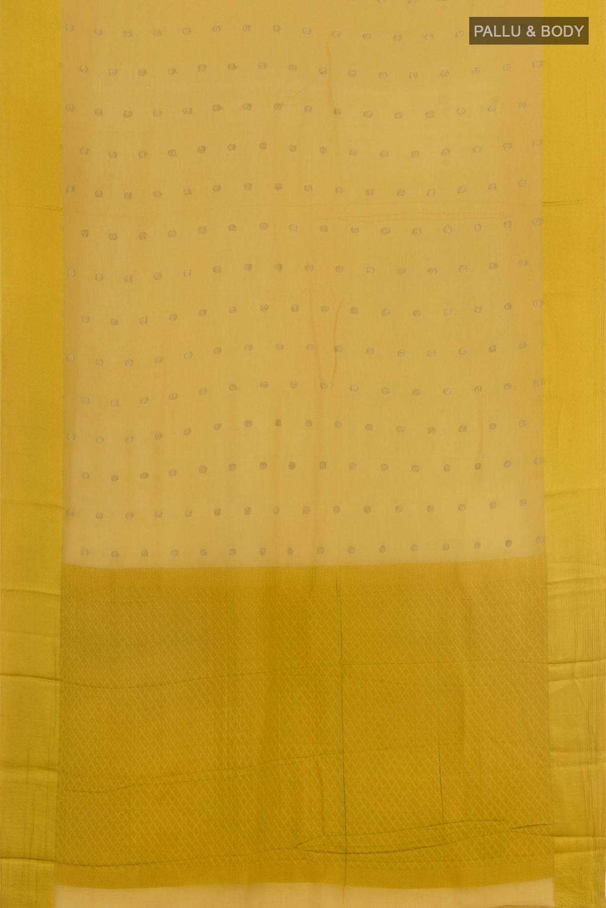 Flat view of Yellow Mysore Chiffon Saree with Zari Butta on the body and Zari Border. 
