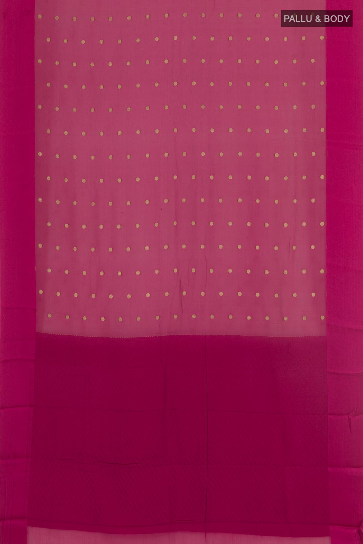 Flat view of Pink Mysore Chiffon Saree with Zari Butta on the body and Zari Border. 