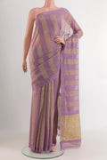 Lavender Mysore Chiffon Saree with Stripes on the body and Zari Border.  displayed on a mannequin