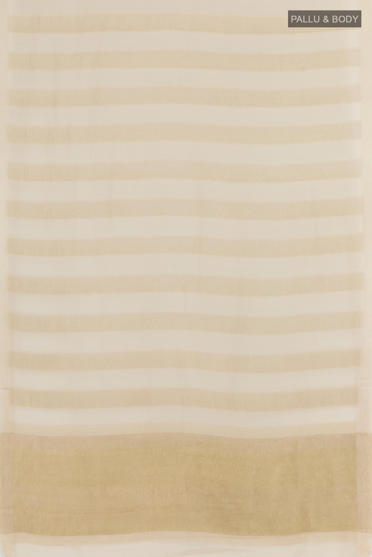 Flat view of Off White Mysore Chiffon Saree with Stripes on the body and Zari Border. 