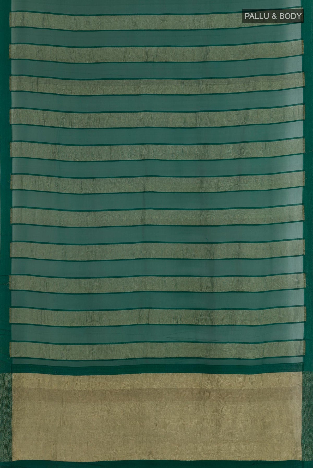Flat view of Green Mysore Chiffon Saree with Stripes on the body and Plain Border. 