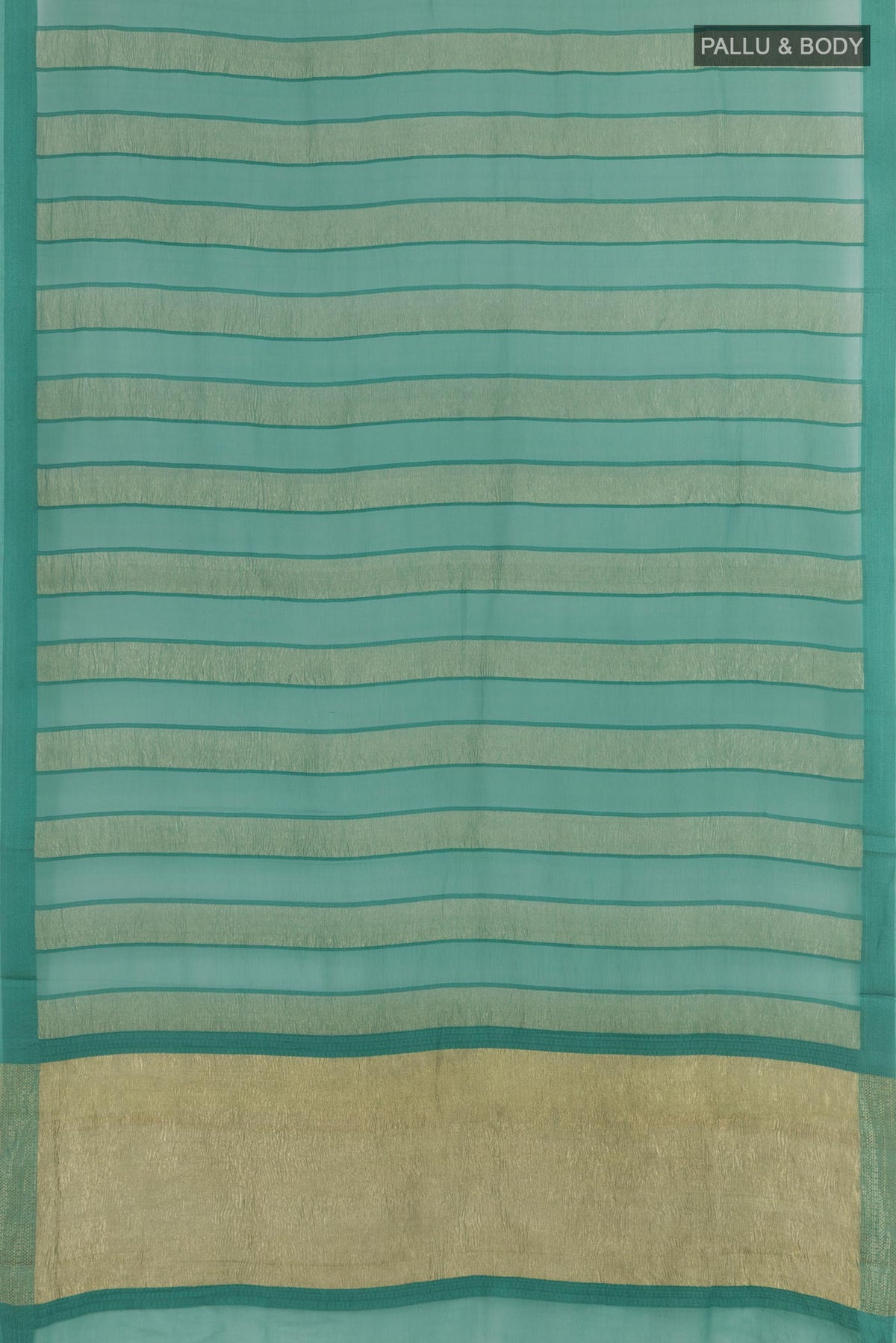 Flat view of Blue Grey Mysore Chiffon Saree with Stripes on the body and Zari Border. 