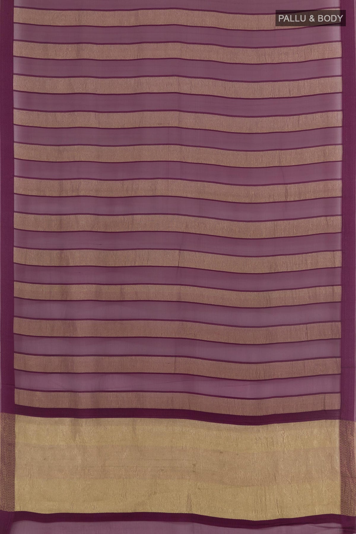 Flat view of Purple Mysore Chiffon Saree with Stripes on the body and Zari Border. 
