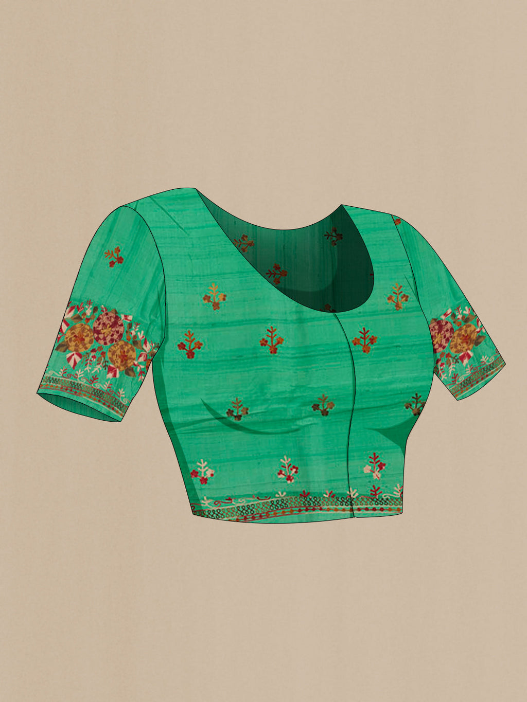 Close up image of the blouse of Green Tussar Saree with Embroidery on the body and Embroidery Border. 