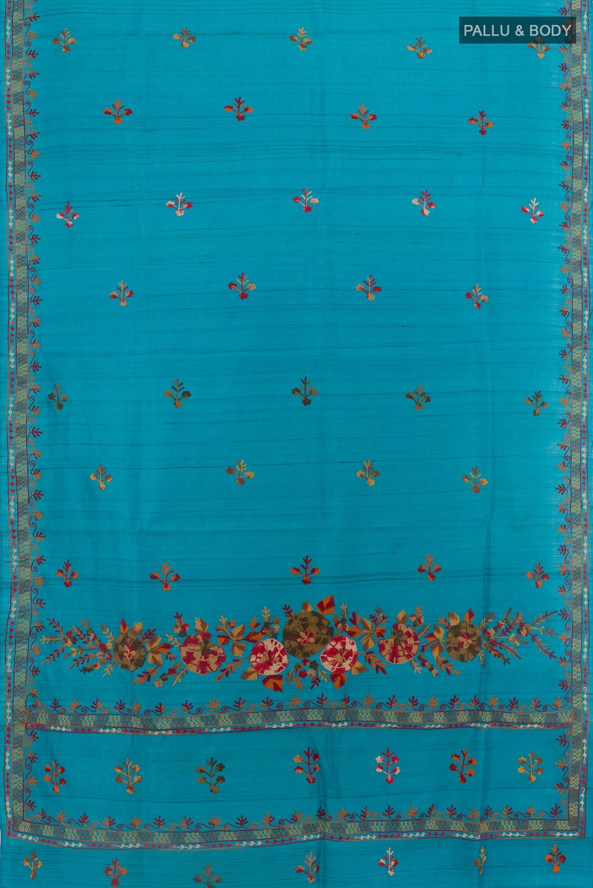 Flat view of Blue Tussar Saree with Embroidery on the body and Embroidery Border. 