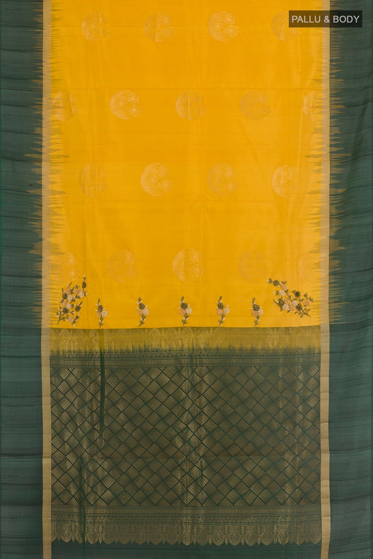 Flat view of Yellow Soft Silk Saree with Zari Butta on the body and Zari Border. 