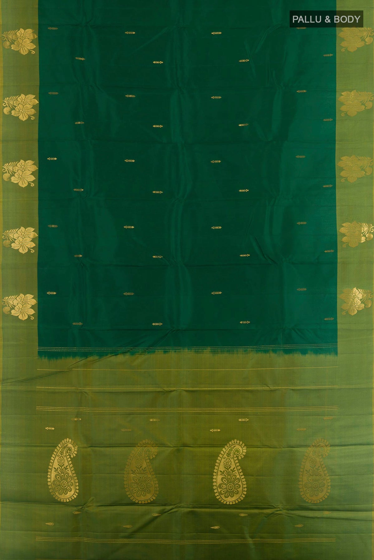 Flat view of Bottle Green Kanchipuram Silk Saree with Zari Butta on the body and Zari Border. 