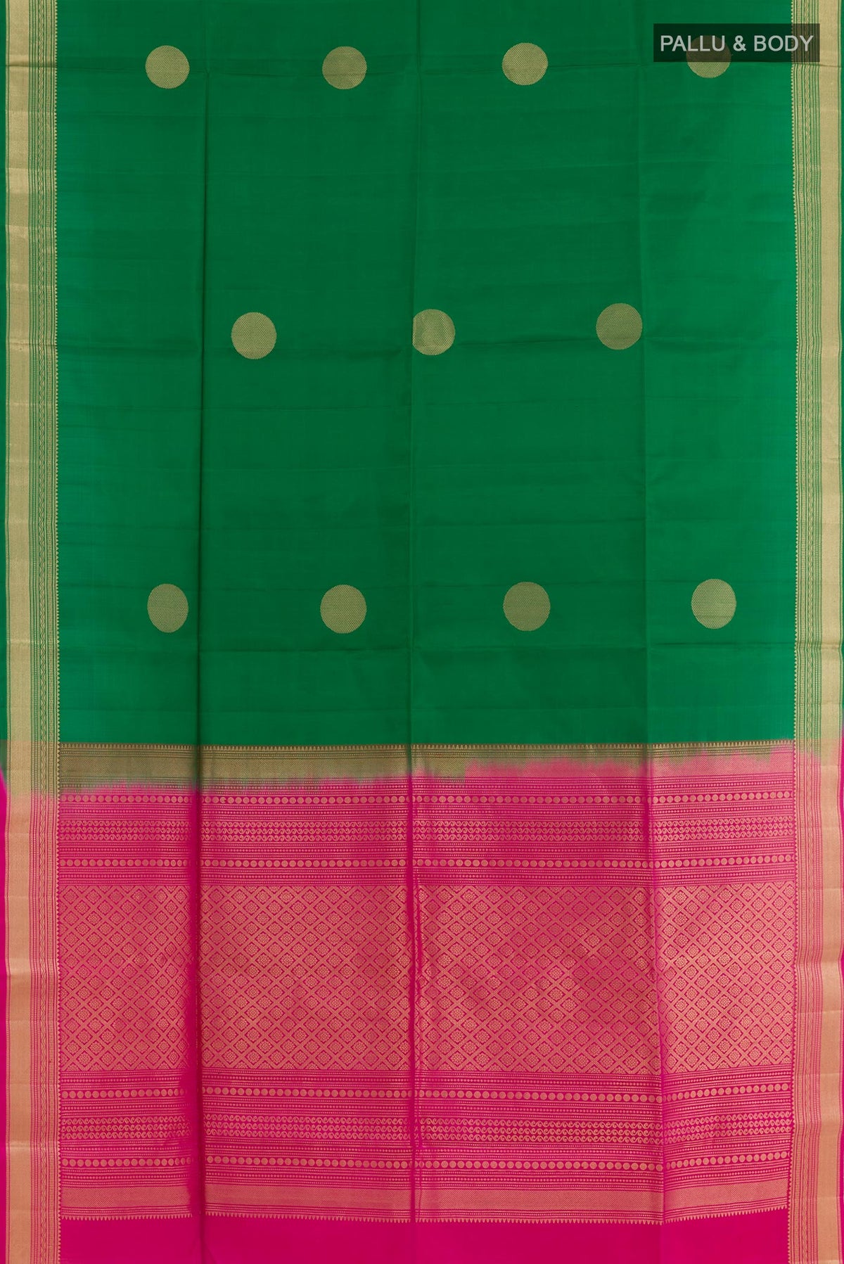 Flat view of Green Soft Silk Saree with Zari Butta on the body and Zari Border. 