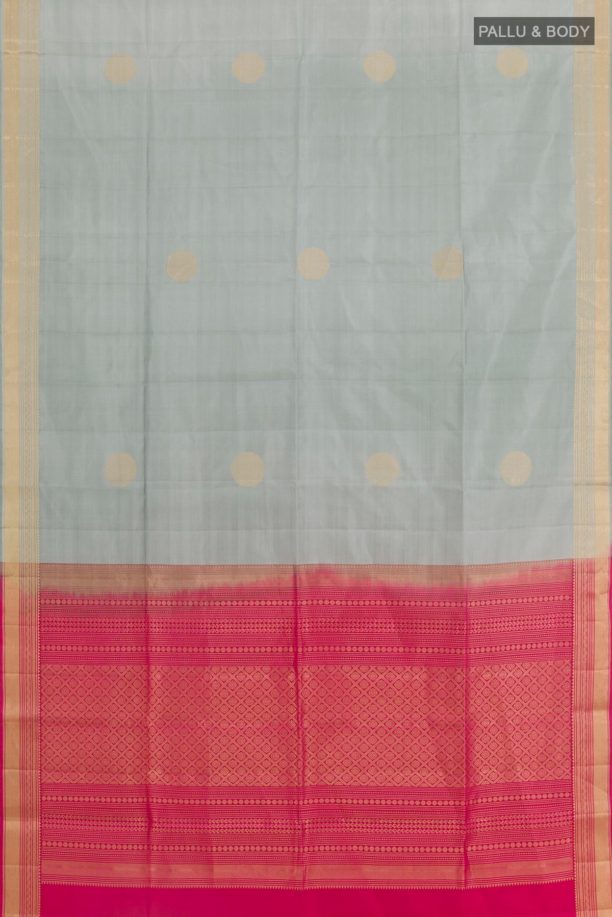Flat view of Grey Soft Silk Saree with Zari Butta on the body and Zari Border. 