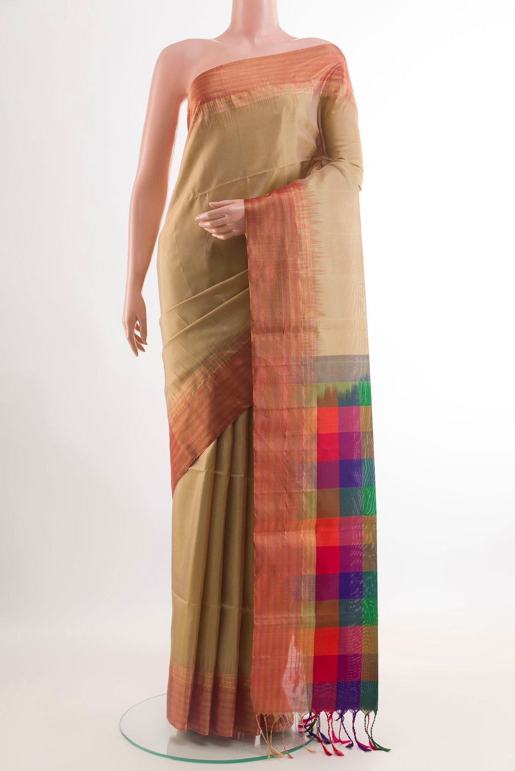 Beige Soft Silk Saree with Plain Body and Zari Border.  displayed on a mannequin