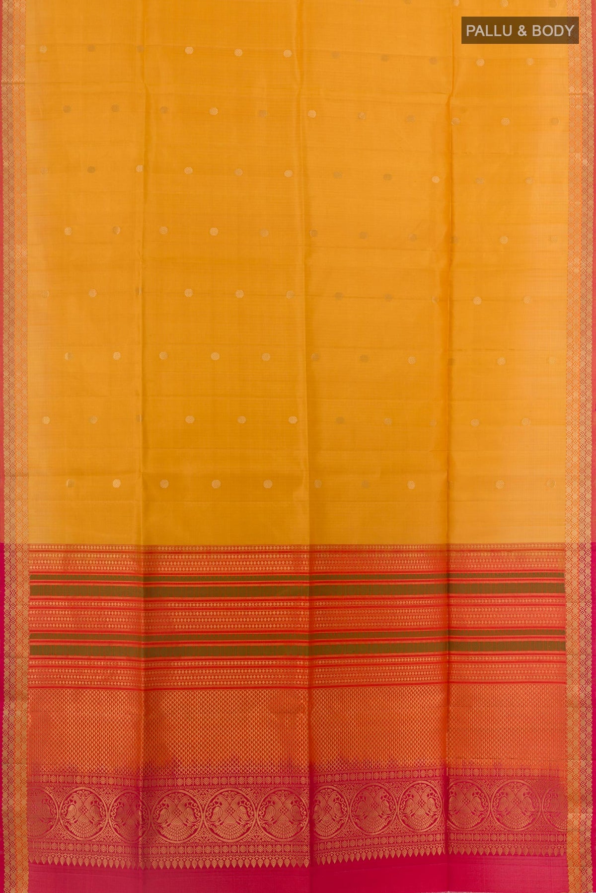 Flat view of Yellow Soft Silk Saree with Zari Butta on the body and Zari Border. 