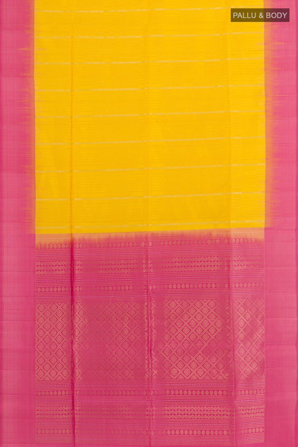 Flat view of Yellow Soft Silk Saree with Stripes on the body and Zari Border. 
