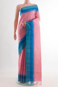 Pink Soft Silk Saree with Zari Butta on the body and Zari Border.  displayed on a mannequin